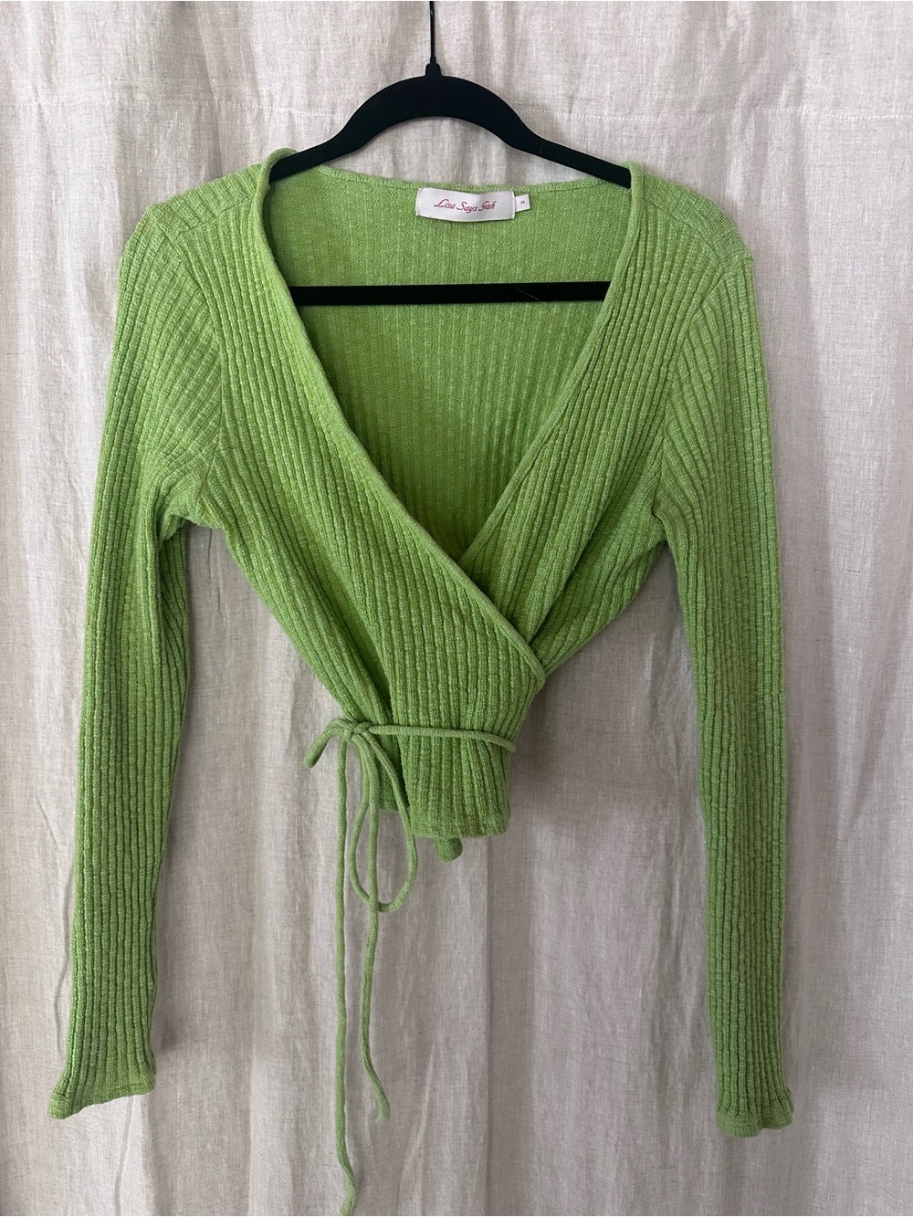 Lisa Says Gah Lime Green Ribbed Wrap Sweater